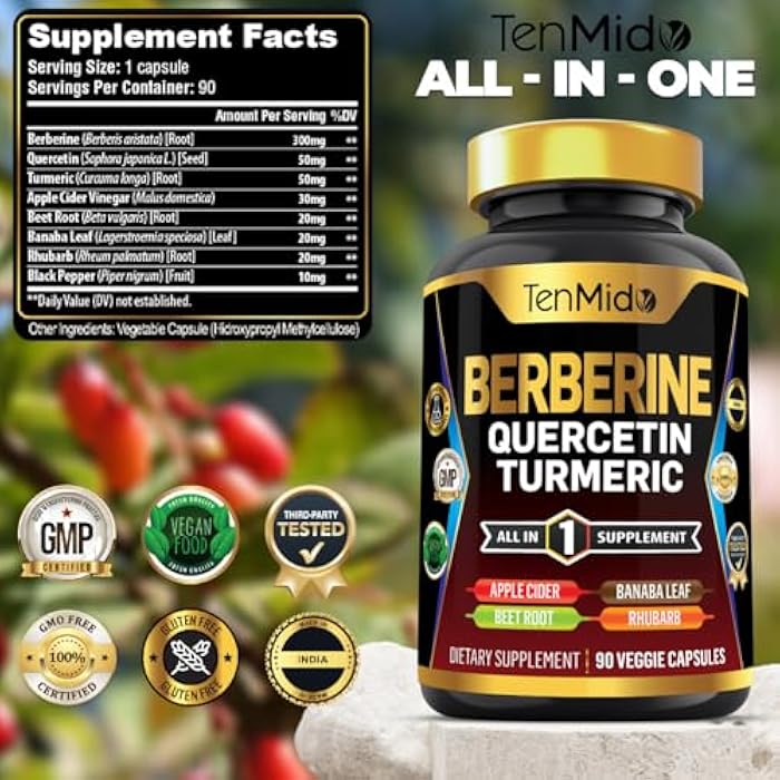 Tenmido Berberine Supplement for Men and Women, 8in1 Formula with Quercetin, Turmeric, Apple Cider Vinegar, Beet Root & More - Digestive, Immune Support - Rich in Nutrient - 90 Capsules - Image 2