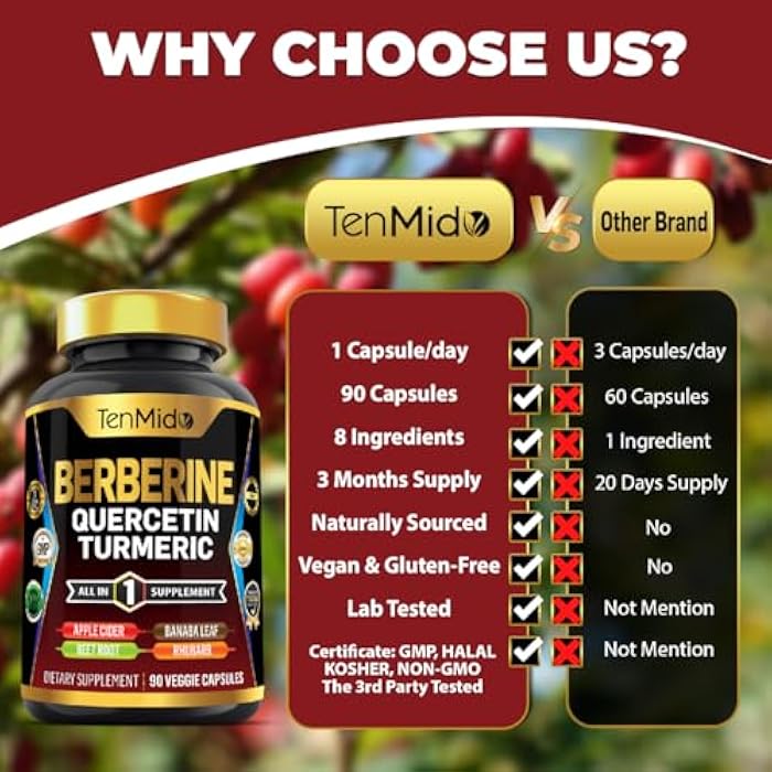 Tenmido Berberine Supplement for Men and Women, 8in1 Formula with Quercetin, Turmeric, Apple Cider Vinegar, Beet Root & More - Digestive, Immune Support - Rich in Nutrient - 90 Capsules - Image 4