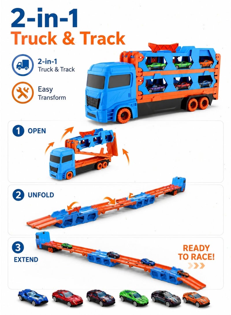 Truck Toy 2-in-1 Container Transport Set with 6 Metal Mini Cars, Sturdy Vehicle Playset, Ideal Birthday Gift for Kids Ages 3 and Up - Image 4