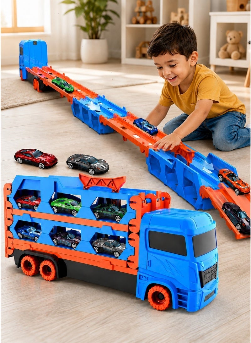 Truck Toy 2-in-1 Container Transport Set with 6 Metal Mini Cars, Sturdy Vehicle Playset, Ideal Birthday Gift for Kids Ages 3 and Up - Image 1