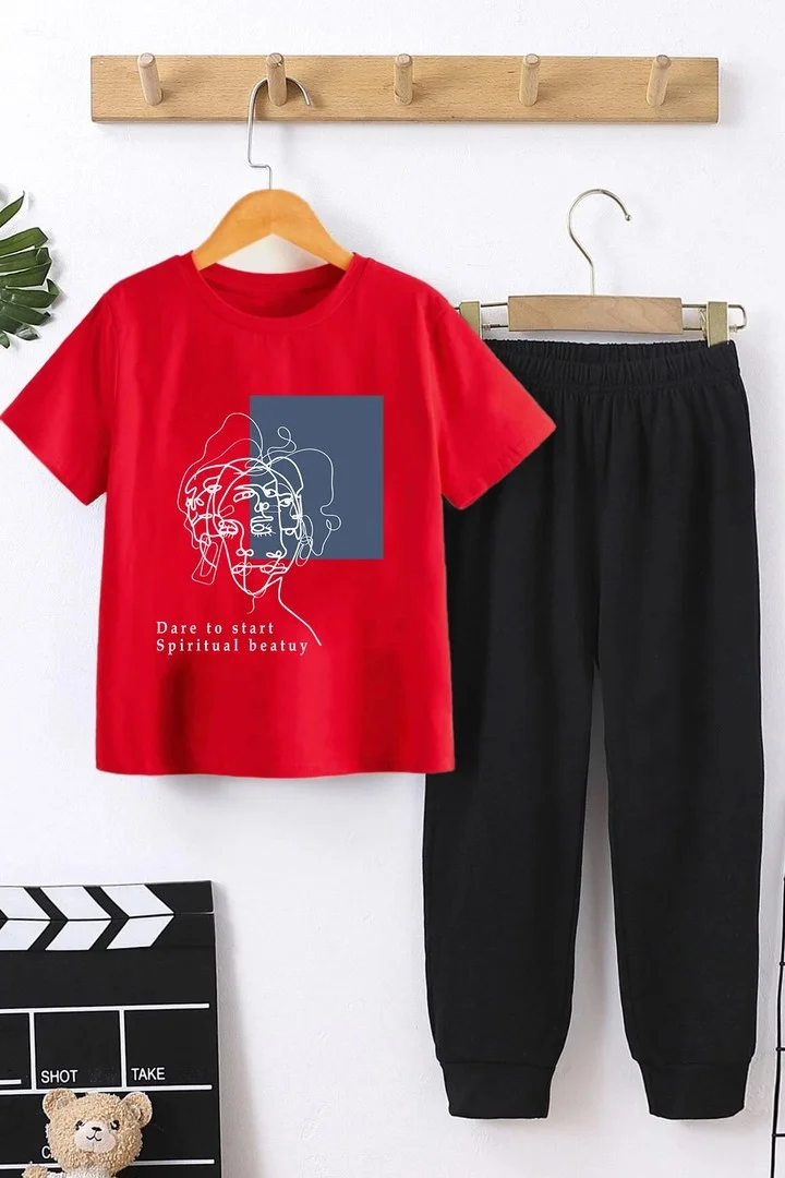 ONLYTRENDWEAR Child Minimal Line Drawing Bottom - Top Tracksuit Set 5-6 Years Old Red