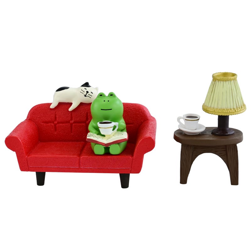 Mevodeata Cute Mini Frog Figurine with Small Sofa and Lamp Table Resin Frog Figure for Office Decor (Red Long Sofa) - Image 1