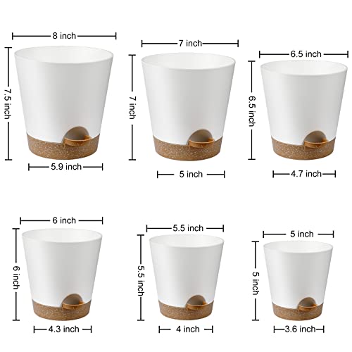 YNNICO Indoor Self Watering Planters with Drainage Holes and Saucers, 8, 7, 6.5, 6, 5.5, 5 Inches, White, 6 Pots - Image 4