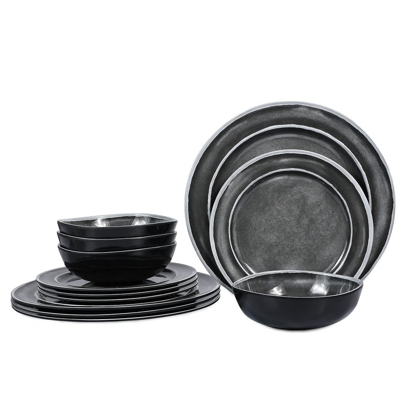 Melamine Dinnerware Sets 12pcs Melamine Plates and Bowls Set for 4 Suitable for Indoor and Outdoor Use Black