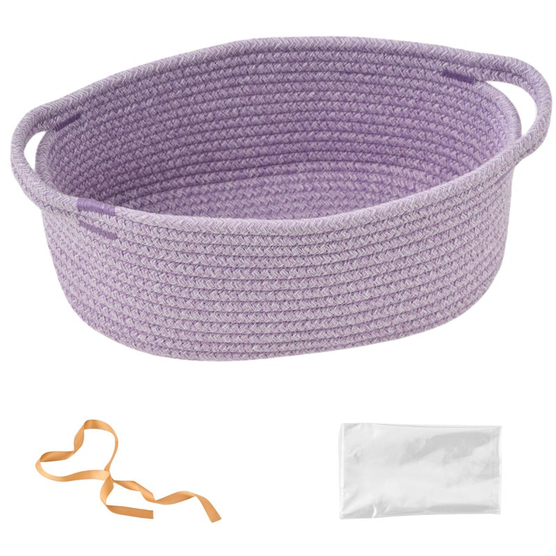 Kodomoore Small Woven Gift Basket Empty with Bag Ribbon Gifts for Mom Baby Shower Birthdays Raffle Cotton Rope Storage Basket for Dog Toys or Shelf 12x8x5 Purple - Image 2