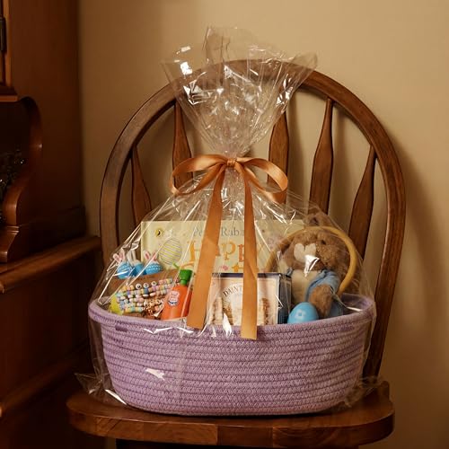 Kodomoore Small Woven Gift Basket Empty with Bag Ribbon Gifts for Mom Baby Shower Birthdays Raffle Cotton Rope Storage Basket for Dog Toys or Shelf 12x8x5 Purple - Image 3