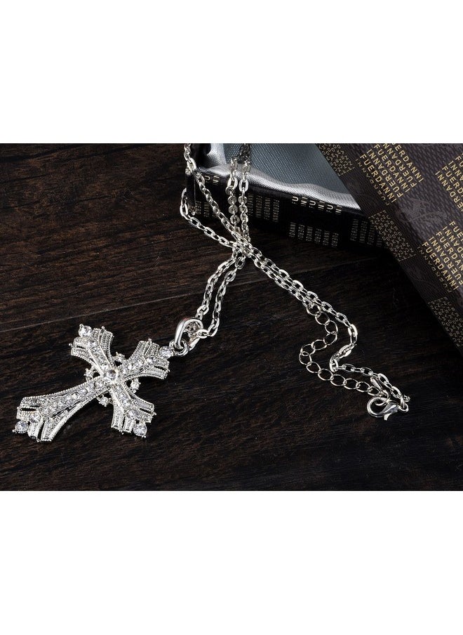 Alilang Alilang Silvery Tone Religious Cross Pendant Necklace Clear Crystal Rhinestones,Silver Clear  - Image 2