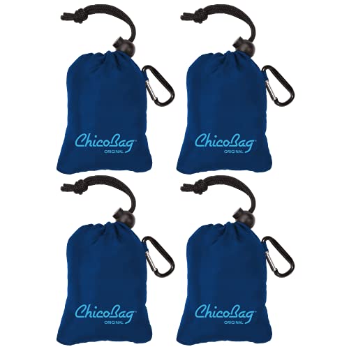 ChicoBag Original Compact Reusable Grocery Bag with Attached Pouch and Carabiner Clip- 4 Pack Blue - Image 1