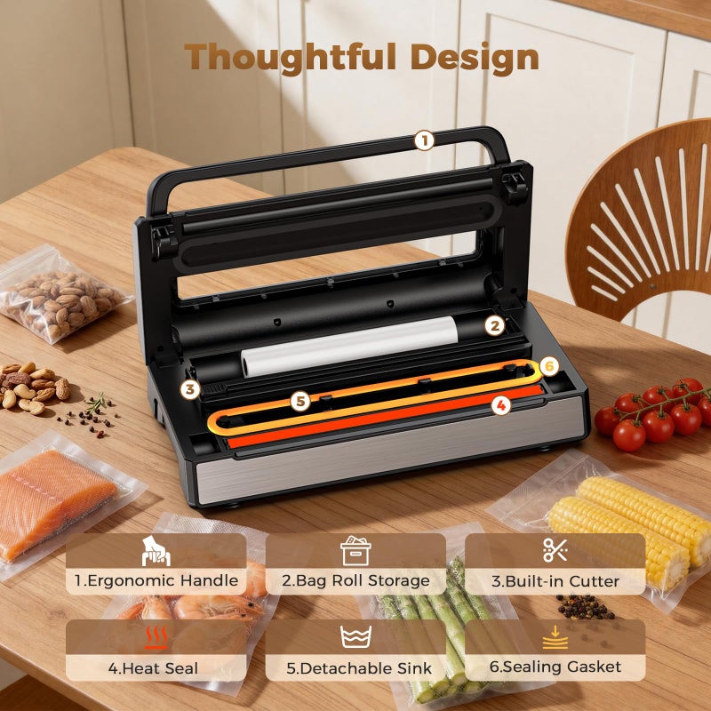 ROUUO Automatic Food Vacuum Sealer Machine | 180W Kitchen Vacuum Sealer for Dry, Moist & Canister Sealing | Hands-Free Suction Base, Built-in Cutter & Storage | Complete Set with 2 Rolls & 10 Bags - Image 2