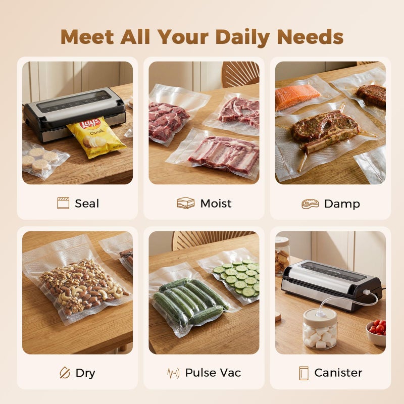 ROUUO Automatic Food Vacuum Sealer Machine | 180W Kitchen Vacuum Sealer for Dry, Moist & Canister Sealing | Hands-Free Suction Base, Built-in Cutter & Storage | Complete Set with 2 Rolls & 10 Bags - Image 4
