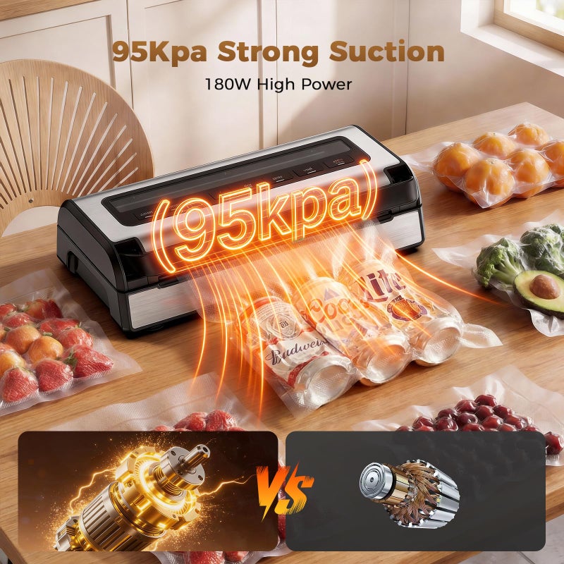 ROUUO Automatic Food Vacuum Sealer Machine | 180W Kitchen Vacuum Sealer for Dry, Moist & Canister Sealing | Hands-Free Suction Base, Built-in Cutter & Storage | Complete Set with 2 Rolls & 10 Bags - Image 3