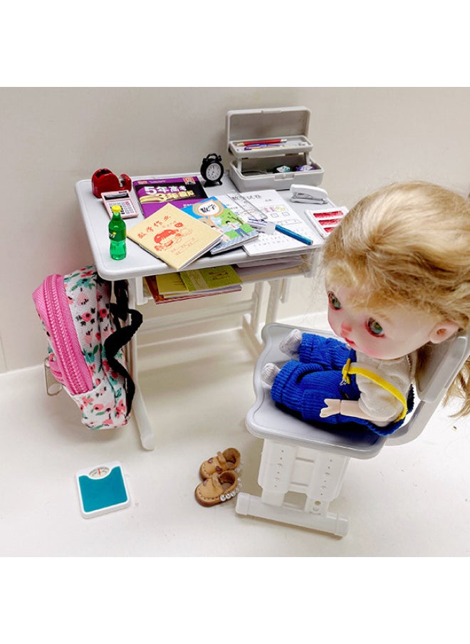 Mini Small Desk Desk Miniature Food Play Simulation Small Book Textbook Stationery Pencil Box Study Table-Color:Desk + Chair (wood Color)  - Image 4