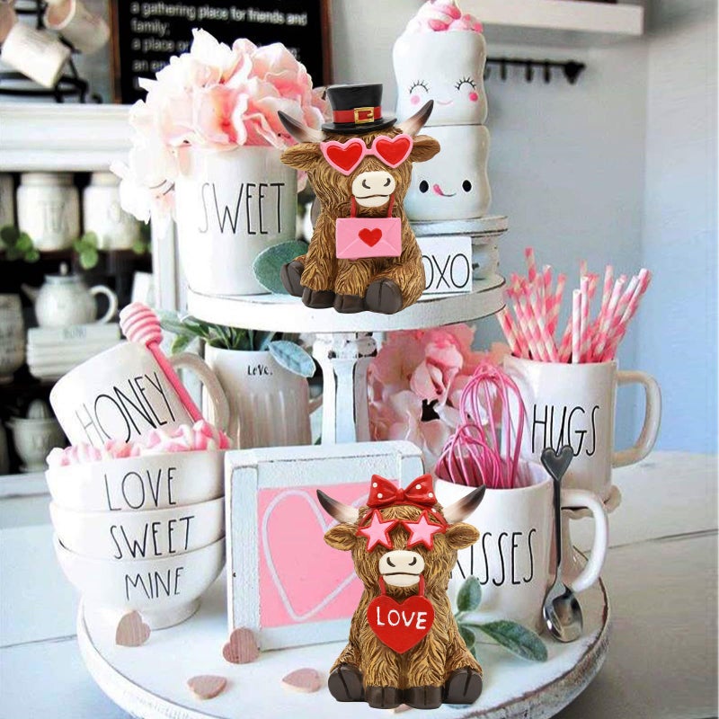 nuvagiki Valentine's Day Highland Cow Decor, Valentine's Day Love Heart Highland Cow Figurines, Valentines Farmhouse Table Kitchen Tiered Tray Decorations for Home, Romantic Gifts Valentines - Image 4