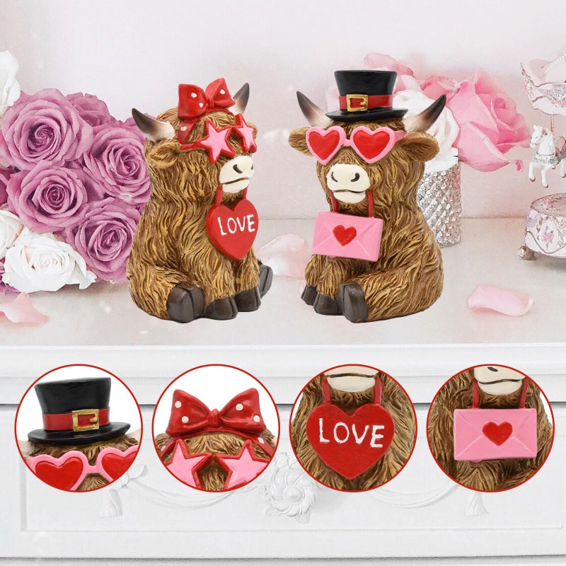 nuvagiki Valentine's Day Highland Cow Decor, Valentine's Day Love Heart Highland Cow Figurines, Valentines Farmhouse Table Kitchen Tiered Tray Decorations for Home, Romantic Gifts Valentines - Image 5