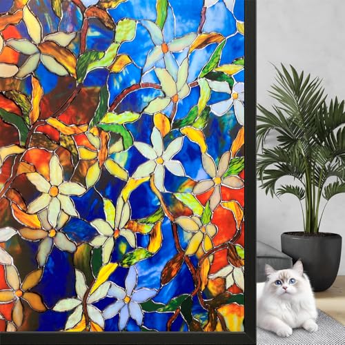WALLTON Privacy Vinyl Frosted Window Film Glass Sticker Self-Adhesive Film Tint Wallpaper Opaque Sheet for Glass Privacy Cover Window, Door, Office, Home.| Anti-UV. (16x48 Inch, Blue Patti) - Image 1