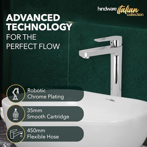 Hindware Italian Collection F360012CP Element Single Lever Hot and Cold Basin Mixer Tall, Brass with Chrome Finish - Image 3