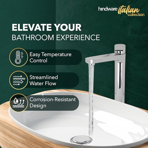 Hindware Italian Collection F360012CP Element Single Lever Hot and Cold Basin Mixer Tall, Brass with Chrome Finish - Image 2