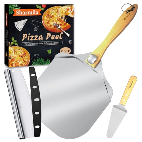 Sharmila Pizza Peel 12 Inch Aluminum Pizza Paddle with Foldable Wooden HandlePizza Rocker Cutterand Metal Pizza SpatulaIdeal for Family Pizza Oven BakingDoughBread Pastry