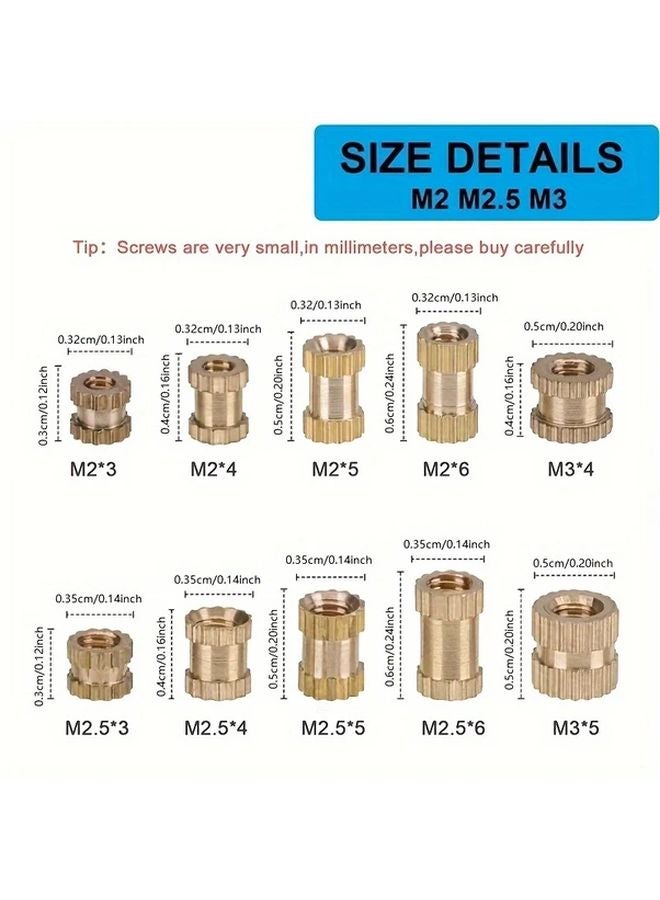 200pcs M2 M2 5 M3 Brass Thread Insert Nut Kit Copper Color Fastener Double Pass Knurled - Image 4