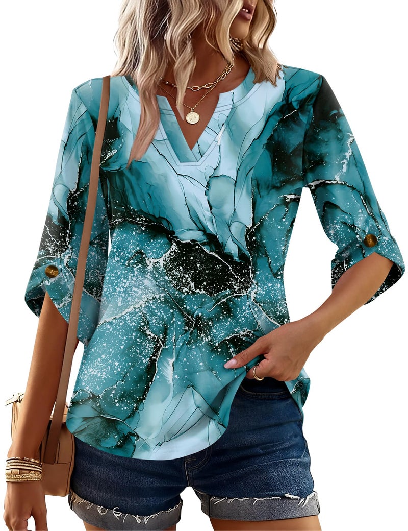 Kistore Ladies Tops for Women Bell Sleeve Business Work Blouses Fashion Floral Print Shirt Basic Tee Gradient Green XL - Image 2