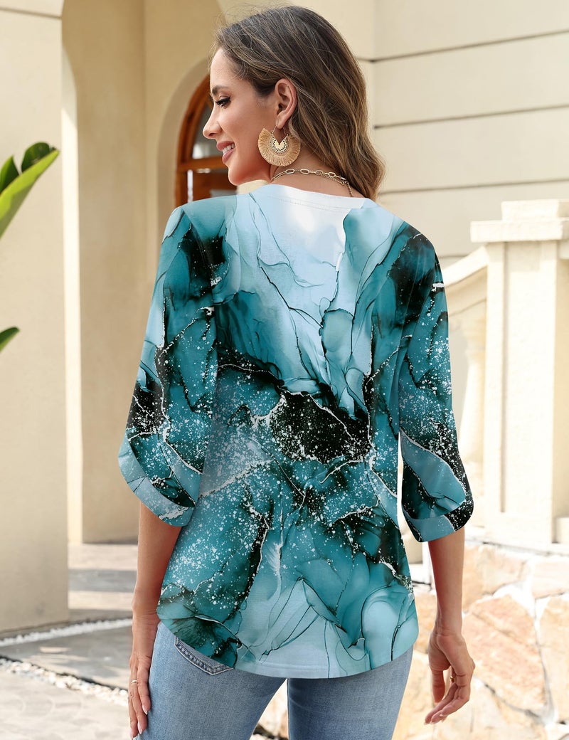Kistore Ladies Tops for Women Bell Sleeve Business Work Blouses Fashion Floral Print Shirt Basic Tee Gradient Green XL - Image 4