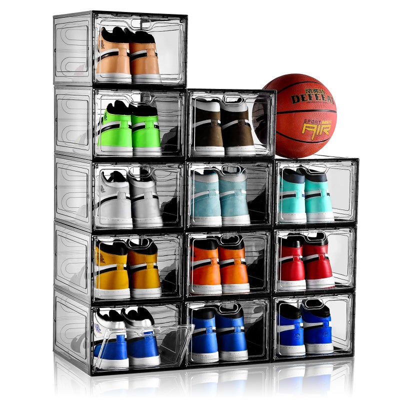 INSTY 12 Pack Gray Transparent Shoe Storage Organizer Stackable Shoe Boxes for Closet Drop Front Plastic Shoe Box with Grey Door Easy to Assemble Fit up US Size 12134x 98x 71