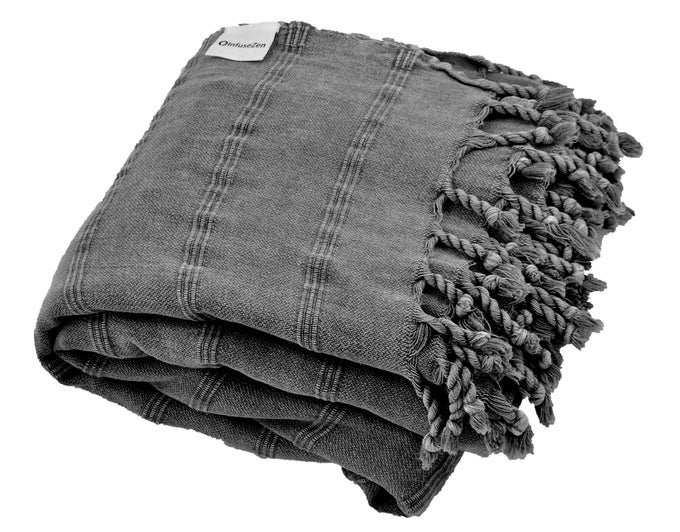 NFUSEZEN LARGE STONEWASHED TURKISH THROW BLANKET 100 ORGANIC TURKISH COTTON 92 X 69 SOFT LIGHTWEIGHT COZY LOVE SEAT SOFA BED PICNIC YOGA SAND FREE BEACH BLANKET CHARCOAL GREY