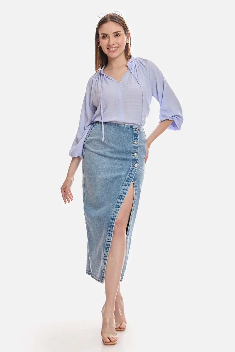 Virgio Solid Viscose Lavendor Top With Puff Sleeve for Women