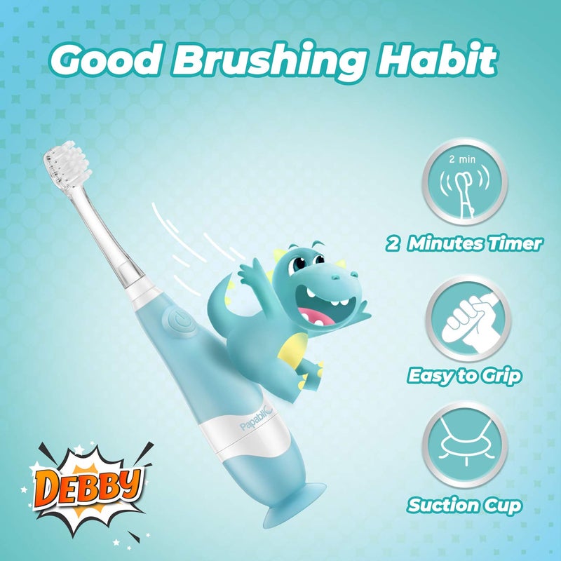 بابابليك Toddler Sonic Electric Toothbrush for Ages 1-3 Years, Baby Electric Toothbrush with Cute Dino Cover and Smart LED Timer, 4 Brush Heads (Debby) - Image 5