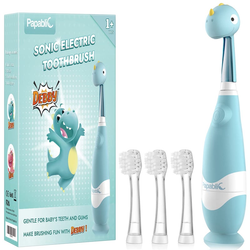بابابليك Toddler Sonic Electric Toothbrush for Ages 1-3 Years, Baby Electric Toothbrush with Cute Dino Cover and Smart LED Timer, 4 Brush Heads (Debby) - Image 1