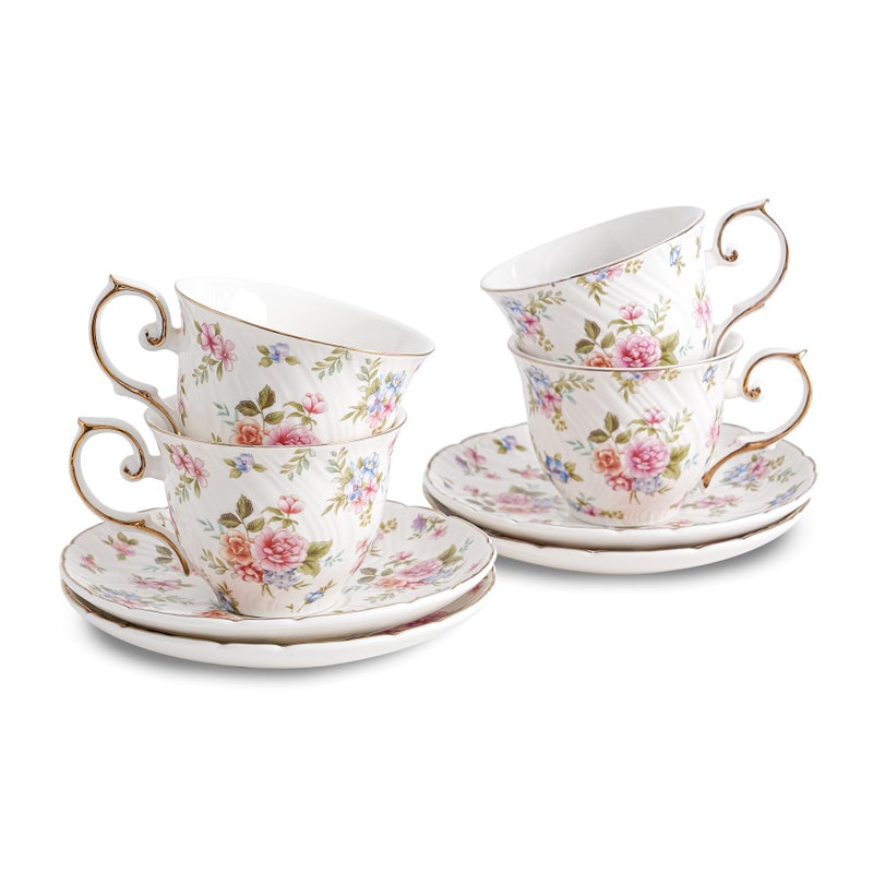 Agyiuns tea cups and saucers ceramic coffee mug 6oz for Coffee Latte Cafe Mocha and TeaSet of 4 white with flowers