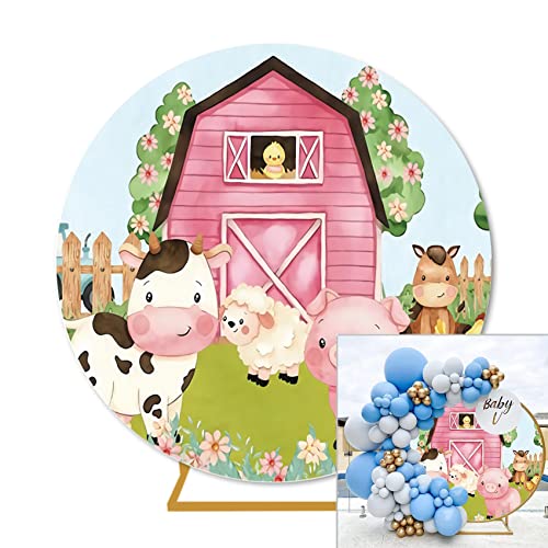 Eainb 7x7ft Round Farm Animals Theme Backdrop for Photography Farm Barn Animals Round Backdrop Cover for Kids Party Cartoon Farm Animals Birthday Party Photoshoot Polyester Photography Background - Image 1