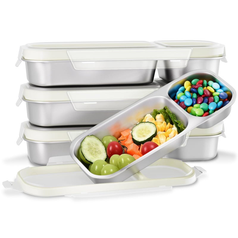 Bakpoco Stainless Steel Snack Containers for Kids Adults, 4 Pack 2 Compartment Metal Snack Containers Box with Lid, Reusable Food Storage Container, Leak Proof, Grab and Go - Image 1