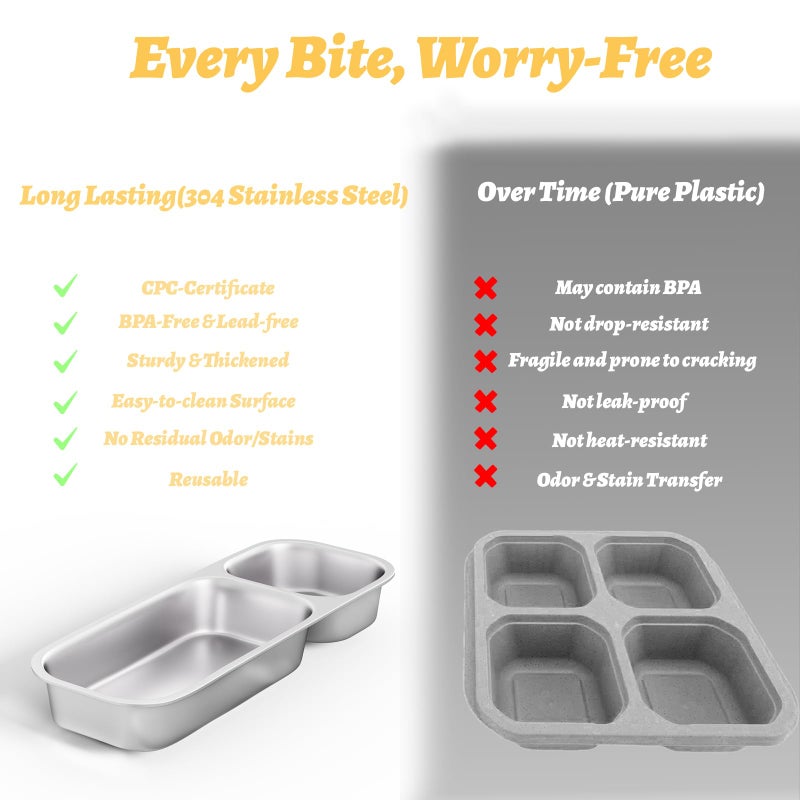 Bakpoco Stainless Steel Snack Containers for Kids Adults, 4 Pack 2 Compartment Metal Snack Containers Box with Lid, Reusable Food Storage Container, Leak Proof, Grab and Go - Image 4