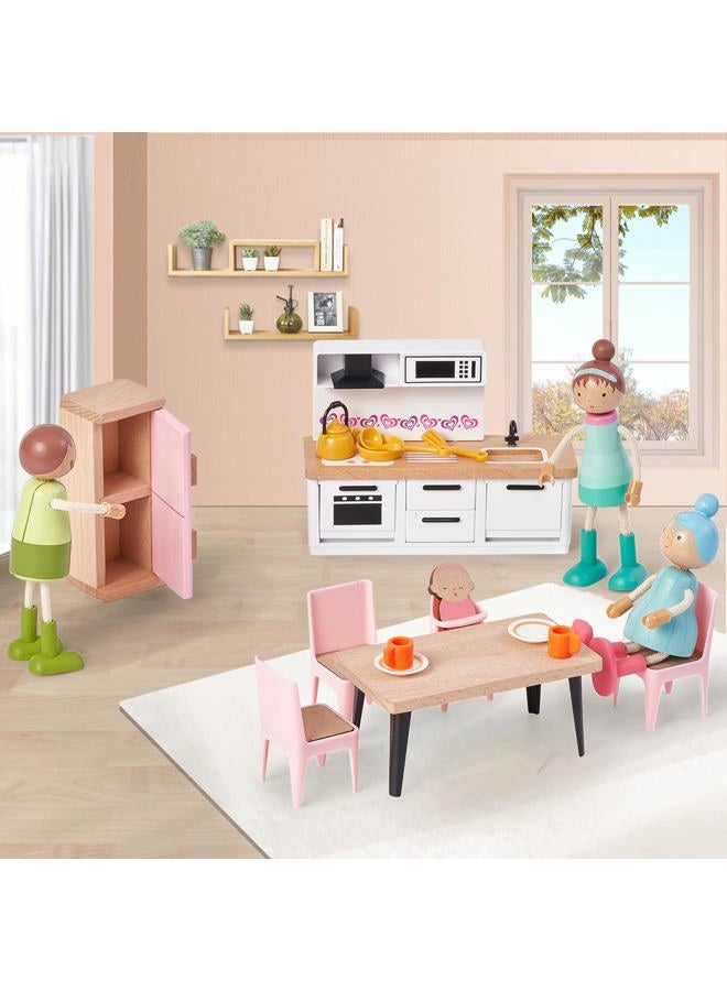 Giant bean 36pcs Wooden Dollhouse Furniture Set 5 Rooms, Wood & Plastic Pink Dollhouse Accessories Pretend Play Furniture Toy Christmas Birthday Gift Toy for Kids Boys Girls Toddler 3+ - Image 3