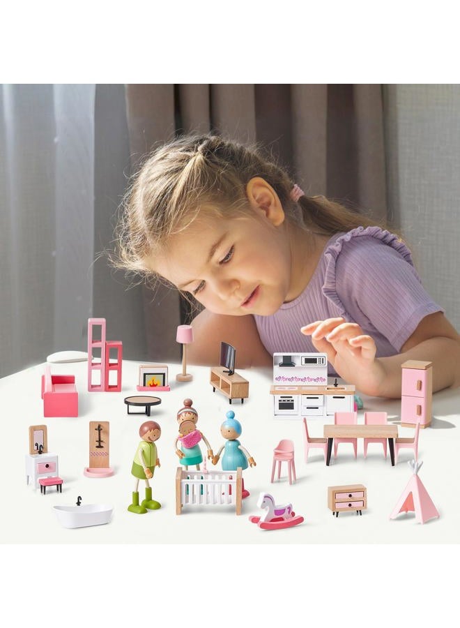 Giant bean 36pcs Wooden Dollhouse Furniture Set 5 Rooms, Wood & Plastic Pink Dollhouse Accessories Pretend Play Furniture Toy Christmas Birthday Gift Toy for Kids Boys Girls Toddler 3+ - Image 2