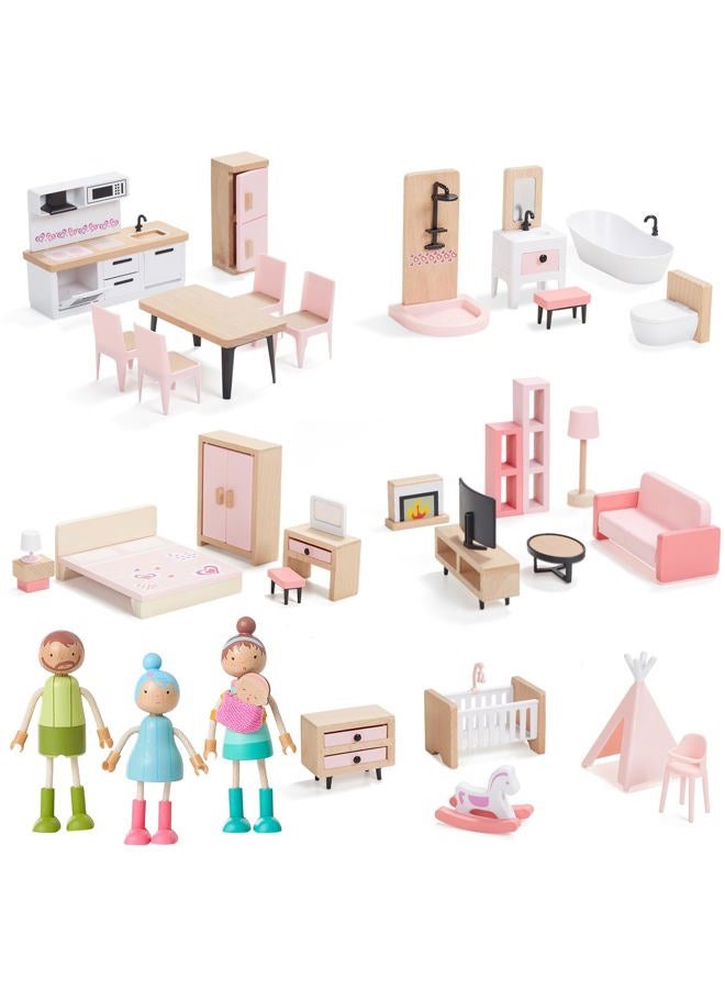 Giant bean 36pcs Wooden Dollhouse Furniture Set 5 Rooms, Wood & Plastic Pink Dollhouse Accessories Pretend Play Furniture Toy Christmas Birthday Gift Toy for Kids Boys Girls Toddler 3+ - Image 1