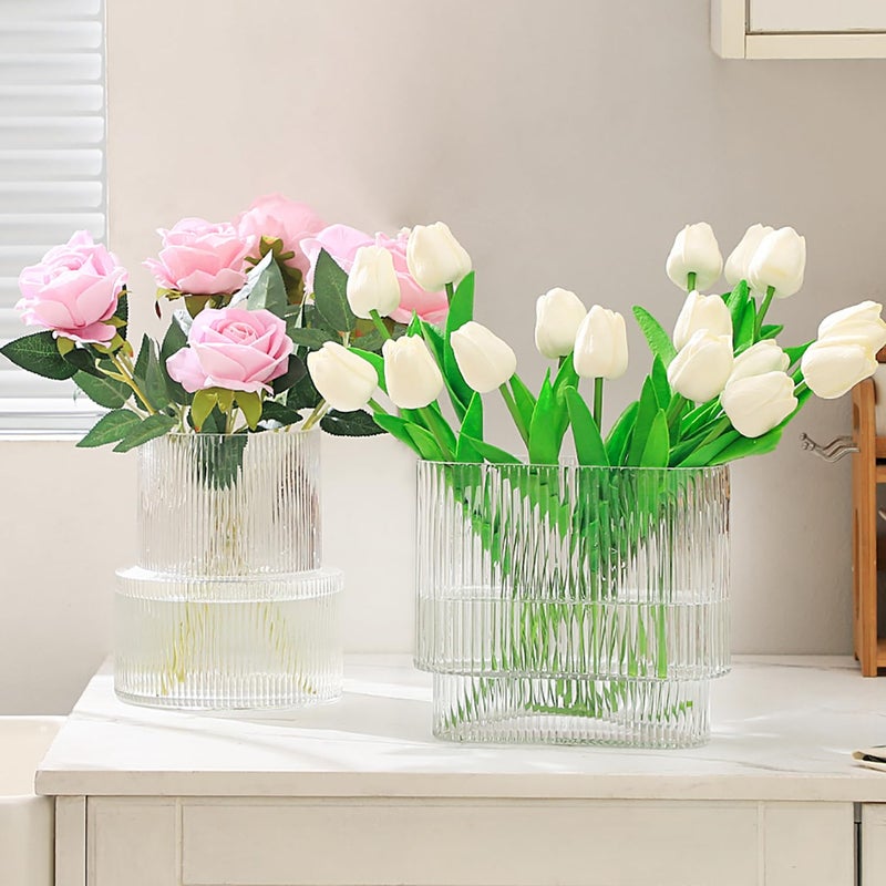 YANWE1 Ribbed Glass Vases Set of 2 Fluted Vases for Flowers Clear Vase for Tulips Modern Glass Vase for Living Room Dining Table Office Entryway Mantle Bookshelf Wedding Gifts