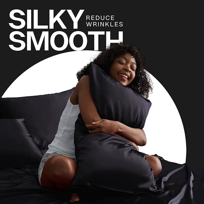 Renva Set of 2 Satin Silk Pillowcase for Hair and Skin Standard Size 18"X 28" with Soft Breathable Smooth Cooling Pillow Covers for Sleeping (2, Black) - Image 5