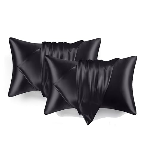 Renva Set of 2 Satin Silk Pillowcase for Hair and Skin Standard Size 18"X 28" with Soft Breathable Smooth Cooling Pillow Covers for Sleeping (2, Black) - Image 1