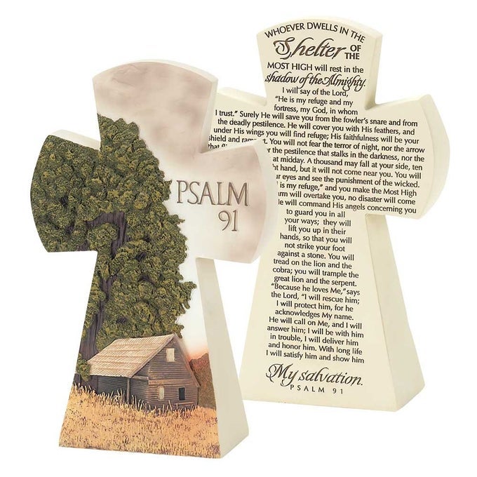 BARN AND FARM SCENE PSALM 91 CROSS 75 RESIN STONE TABLE TOP FIGURINE