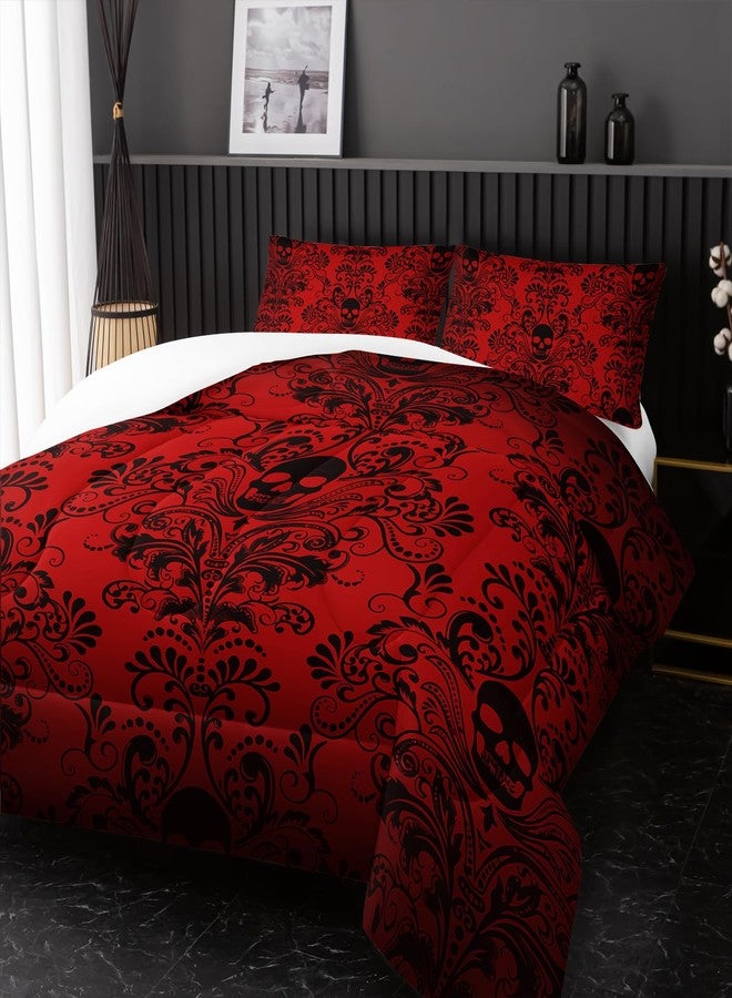 Nttopship Adults Red Gothic Comforter Set King Size,Vintage Damask Floral Bedding Set 3Pcs,Bohemia Bedding Set Goth Skull Printed Quilted Set for Teens Adult with 1 Comforter and 2 Pillowcase - Image 5