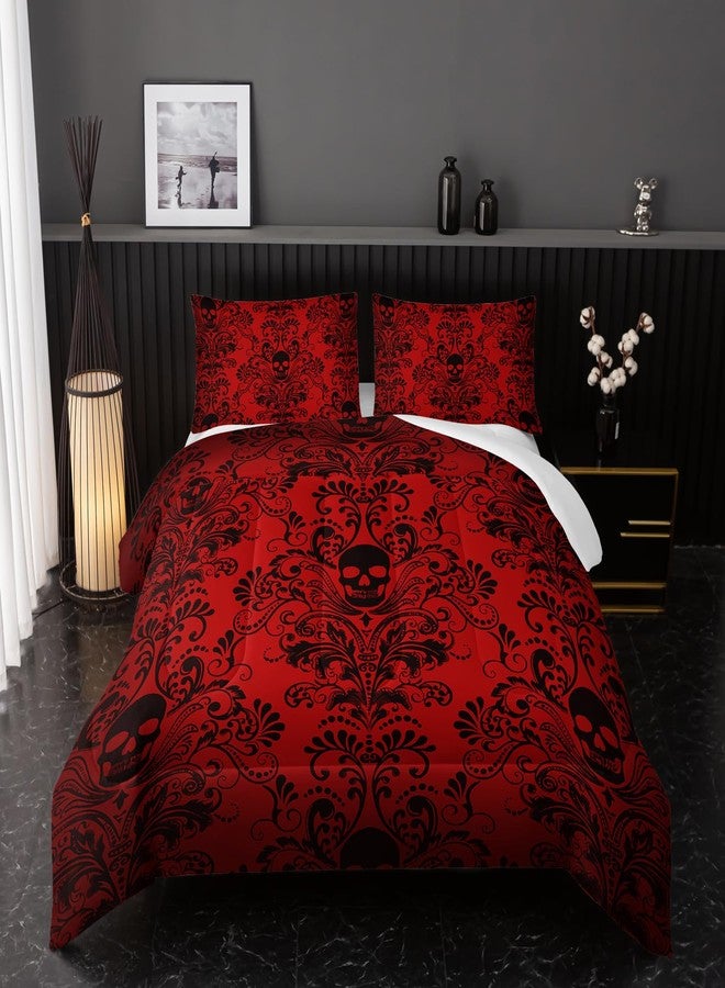 Nttopship Adults Red Gothic Comforter Set King Size,Vintage Damask Floral Bedding Set 3Pcs,Bohemia Bedding Set Goth Skull Printed Quilted Set for Teens Adult with 1 Comforter and 2 Pillowcase - Image 1