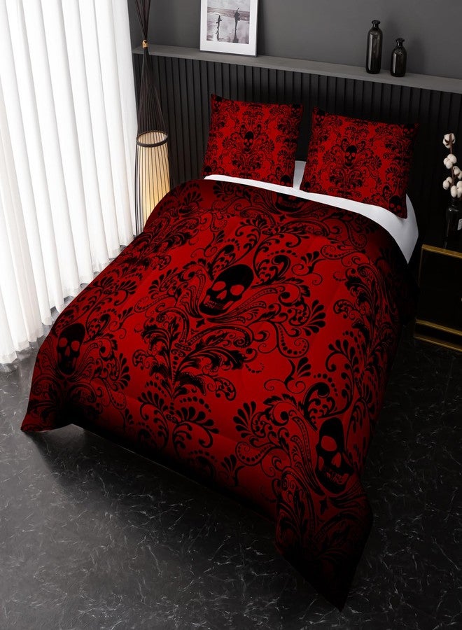 Nttopship Adults Red Gothic Comforter Set King Size,Vintage Damask Floral Bedding Set 3Pcs,Bohemia Bedding Set Goth Skull Printed Quilted Set for Teens Adult with 1 Comforter and 2 Pillowcase - Image 2