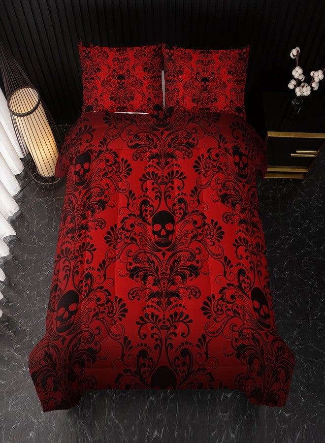 Nttopship Adults Red Gothic Comforter Set King Size,Vintage Damask Floral Bedding Set 3Pcs,Bohemia Bedding Set Goth Skull Printed Quilted Set for Teens Adult with 1 Comforter and 2 Pillowcase - Image 3