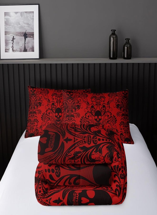 Nttopship Adults Red Gothic Comforter Set King Size,Vintage Damask Floral Bedding Set 3Pcs,Bohemia Bedding Set Goth Skull Printed Quilted Set for Teens Adult with 1 Comforter and 2 Pillowcase - Image 4