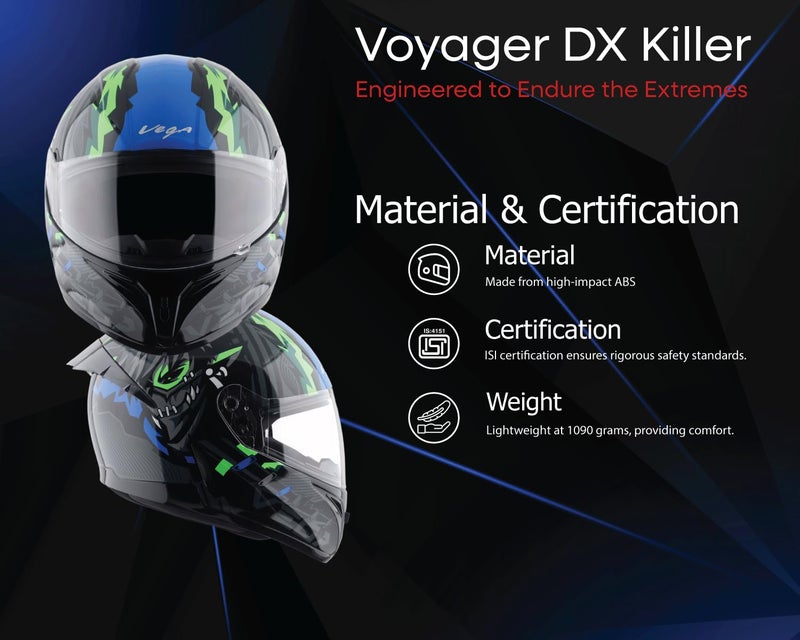Vega Voyager Killer Full Face Riding Helmet with Lightweight Shell, Comfortable Liner, Shock Absorbing Interior, Ventilated Design, Aerodynamic Build, and Modern Black Blue Styling Black Blue-M - Image 3