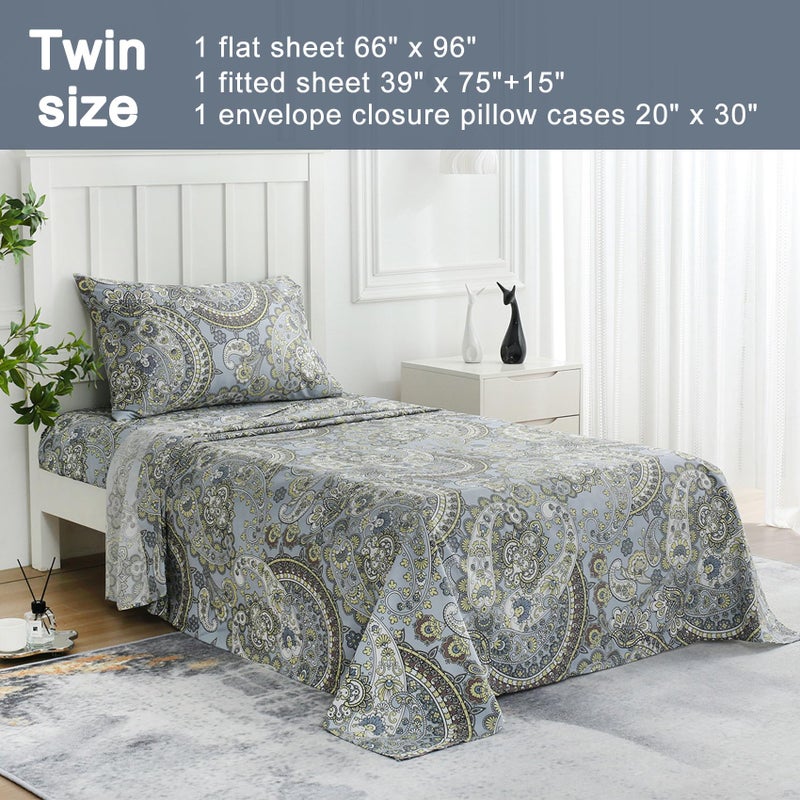 JSD Paisley Sheet Set Twin Size  3 Piece Retro Pattern Microfiber Bedding Sheets Extra Deep Pocket - Image 2