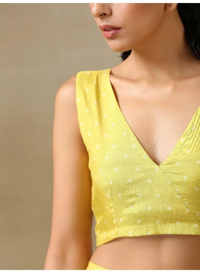 trueBrowns Lime Green Bandhani Printed Silk Sleeveless Blouse