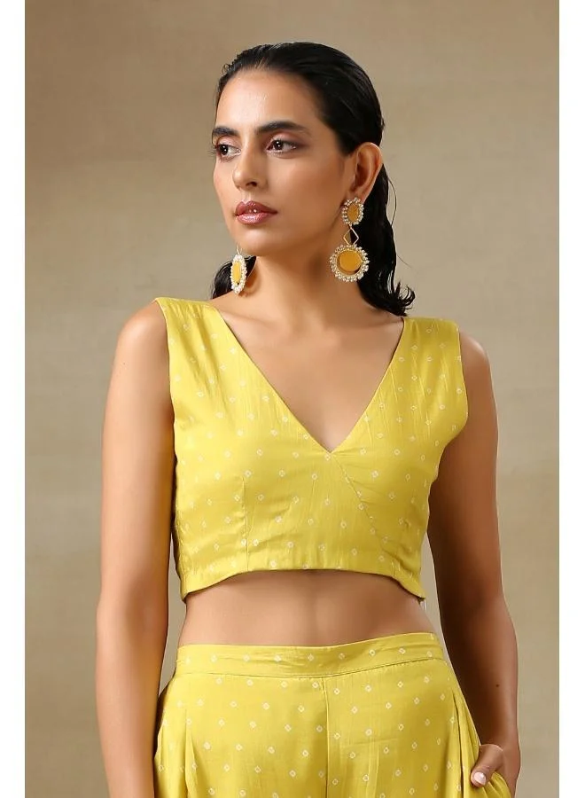 trueBrowns Lime Green Bandhani Printed Silk Sleeveless Blouse